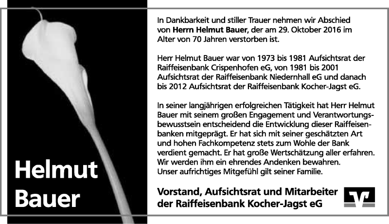  Traueranzeige für Helmut Bauer vom 03.11.2016 aus 