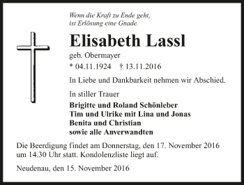 Traueranzeige von Elisabeth Lassl 