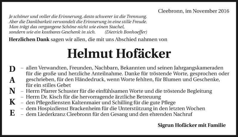  Traueranzeige für Helmut Hofäcker vom 11.11.2016 aus 