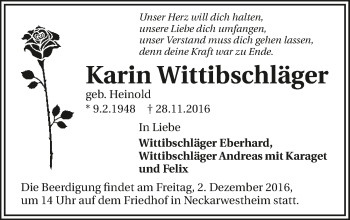 Traueranzeige von Karin Wittibschläger 