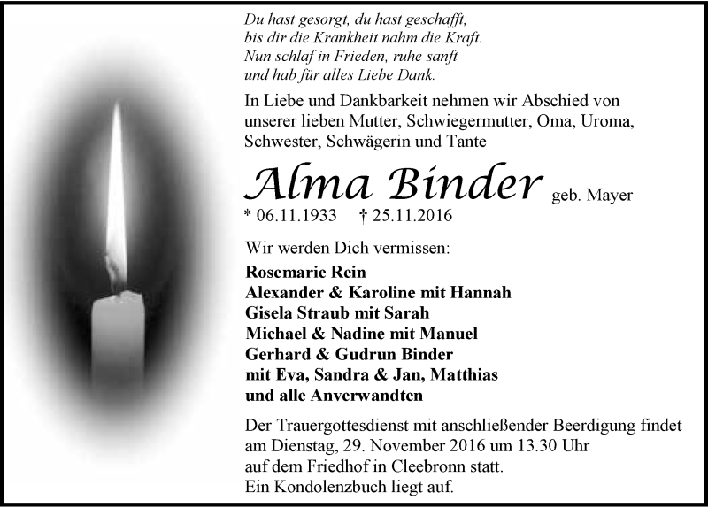 Traueranzeige für Alma Binder vom 26.11.2016 aus 