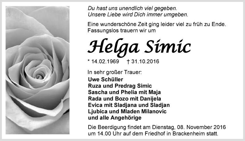  Traueranzeige für Helga Simic vom 05.11.2016 aus 