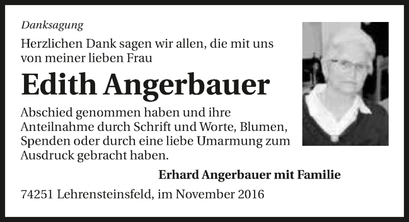  Traueranzeige für Edith Angerbauer vom 30.11.2016 aus 