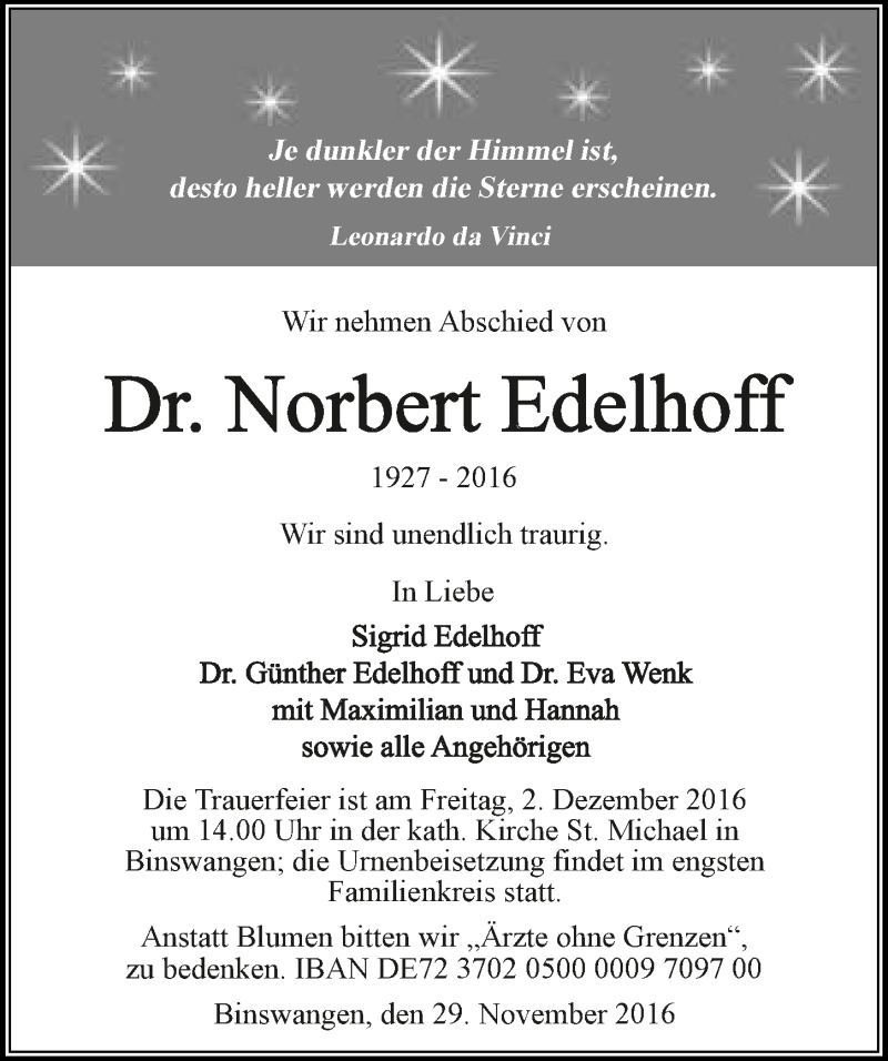  Traueranzeige für Norbert Edelhoff vom 29.11.2016 aus 