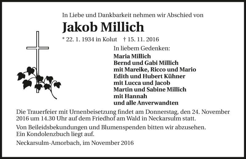  Traueranzeige für Jakob Millich vom 19.11.2016 aus 