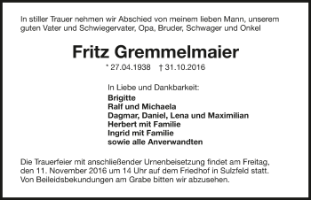 Traueranzeige von Fritz Gremmelmaier 