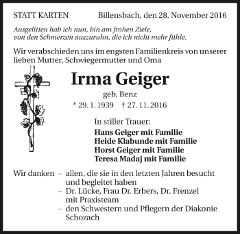 Traueranzeige von Irma Geiger 