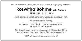 Traueranzeige von Roswitha Böhme 