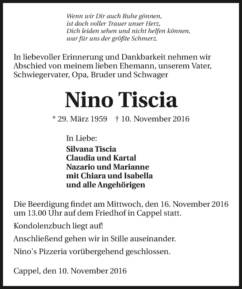  Traueranzeige für Nino Tiscia vom 14.11.2016 aus 