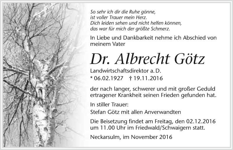  Traueranzeige für Albrecht Götz vom 22.11.2016 aus 