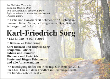 Traueranzeige von Karl-Friedrich Sorg 