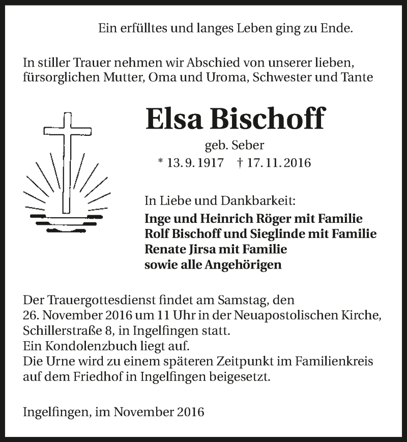  Traueranzeige für Elsa Bischoff vom 23.11.2016 aus 