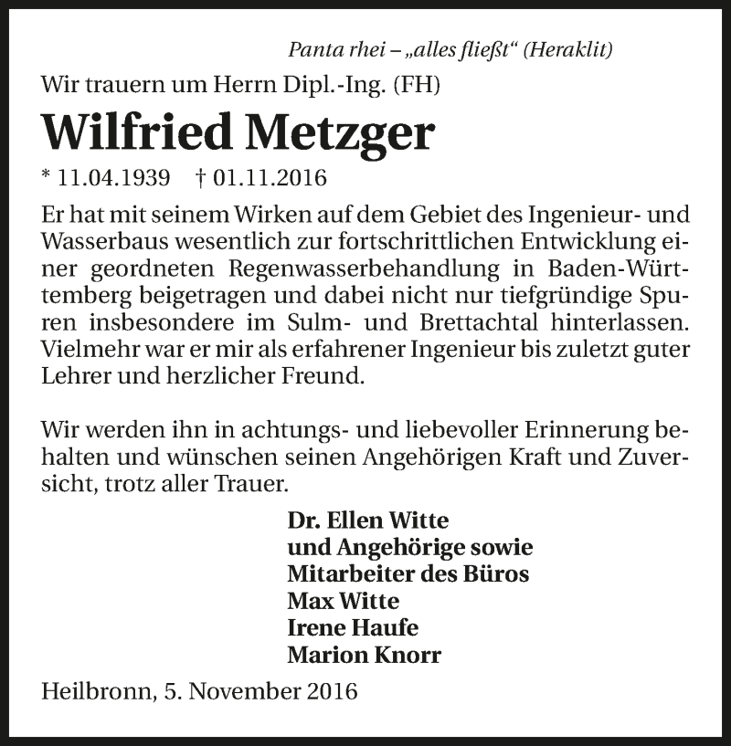  Traueranzeige für Wilfried Metzger vom 08.11.2016 aus 