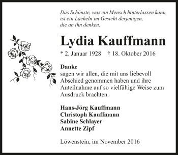 Traueranzeige von Lydia Kauffmann 