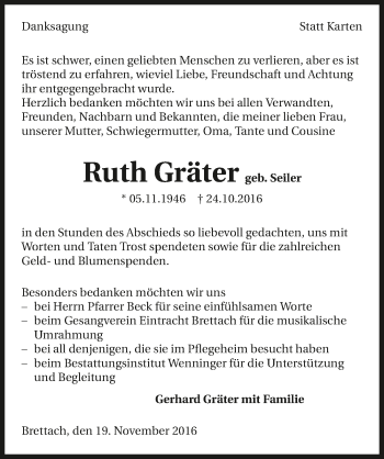 Traueranzeige von Ruth Gräter 