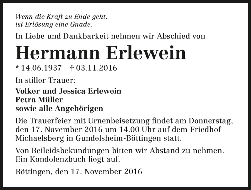  Traueranzeige für Hermann Erlewein vom 12.11.2016 aus 