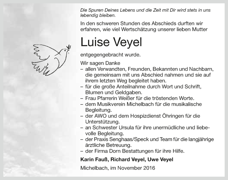  Traueranzeige für Luise Veyel vom 16.11.2016 aus 