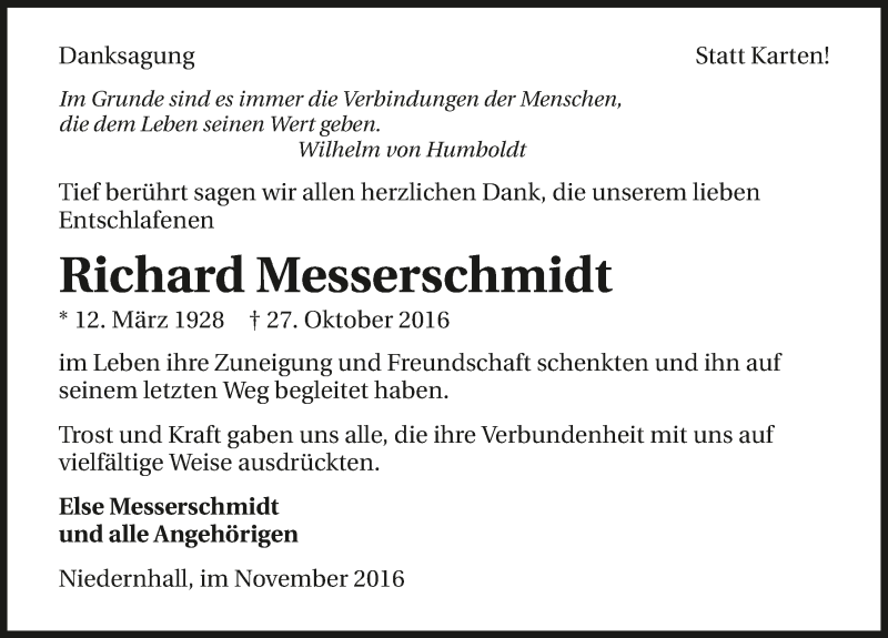  Traueranzeige für Richard Messerschmidt vom 23.11.2016 aus 