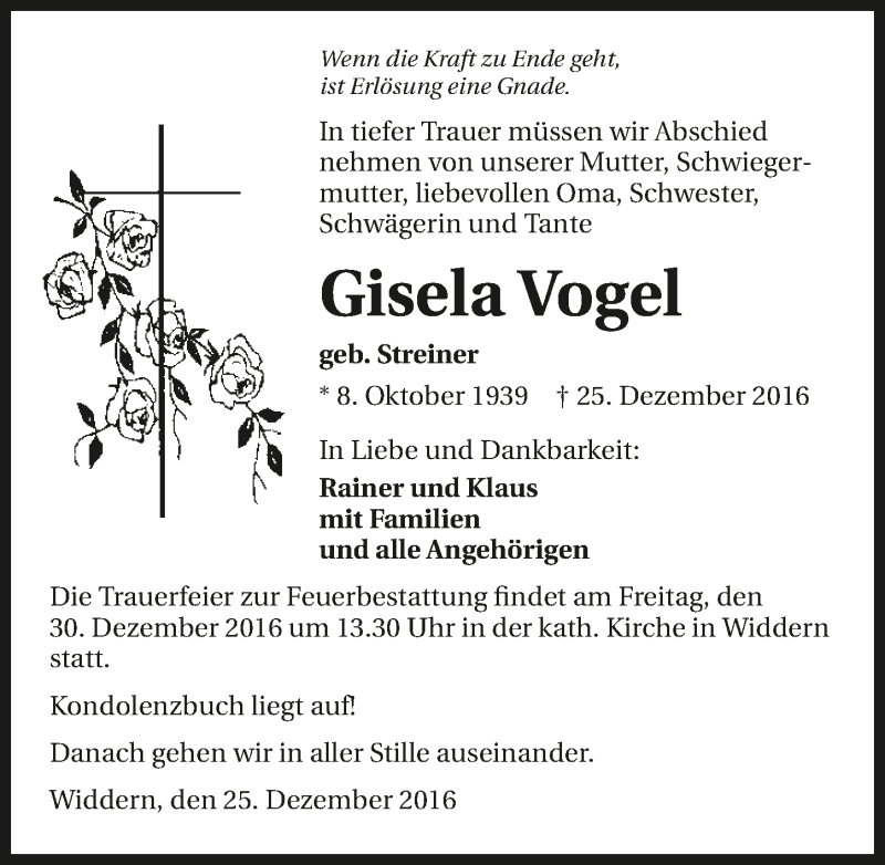  Traueranzeige für Gisela Vogel vom 28.12.2016 aus 