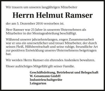 Traueranzeige von Helmut Ramser 