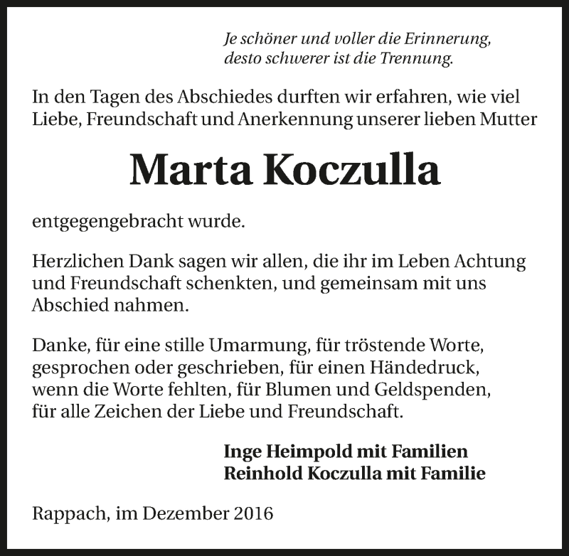  Traueranzeige für Marta Koczulla vom 03.12.2016 aus 