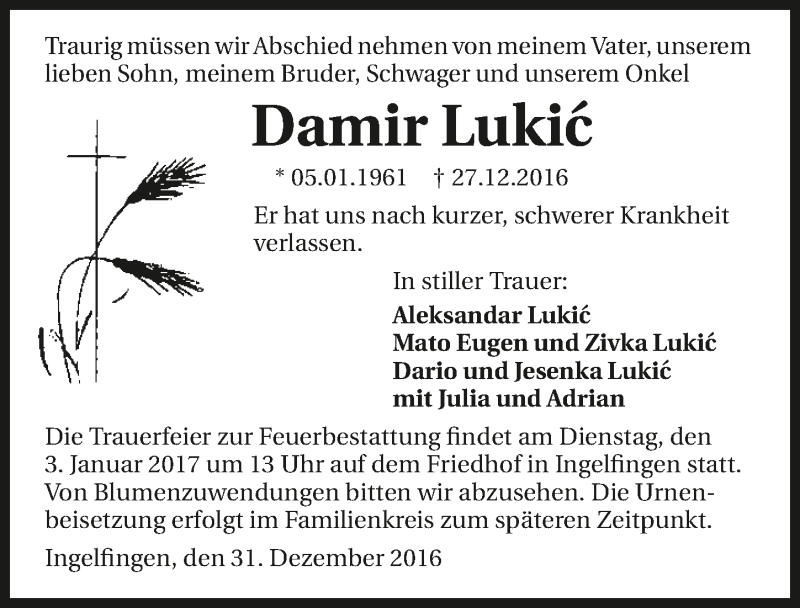  Traueranzeige für Damir Lukic vom 31.12.2016 aus 