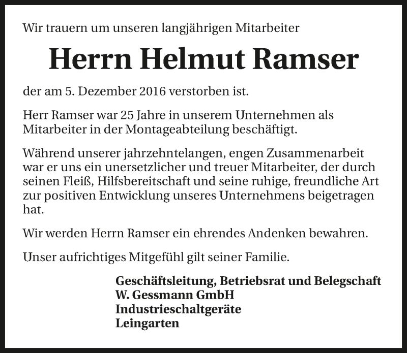  Traueranzeige für Helmut Ramser vom 08.12.2016 aus 