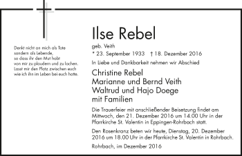 Traueranzeige von Ilse Rebel 