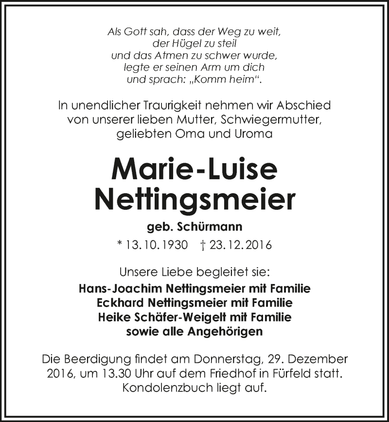  Traueranzeige für Marie-Luise Nettingsmeier vom 27.12.2016 aus 