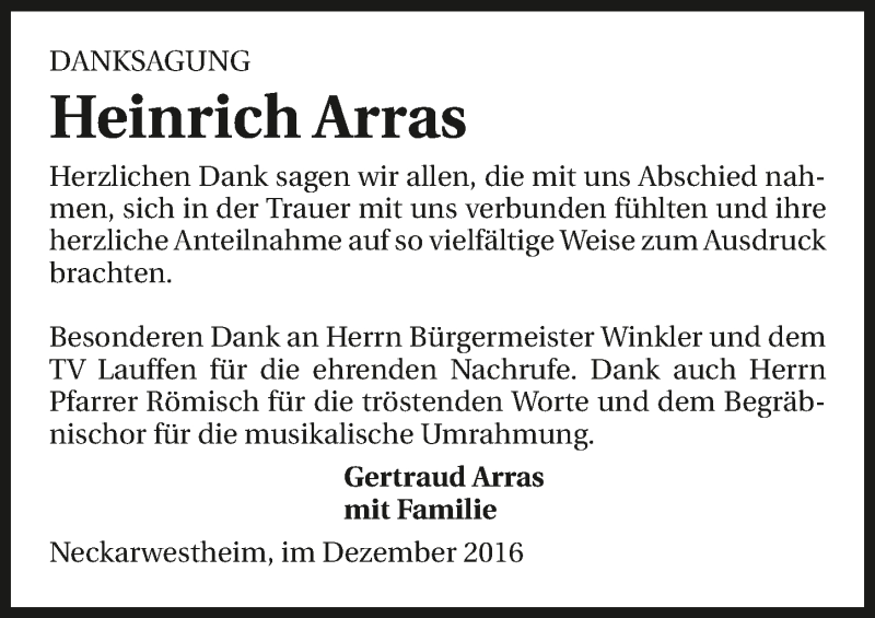  Traueranzeige für Heinrich Arras vom 19.12.2016 aus 