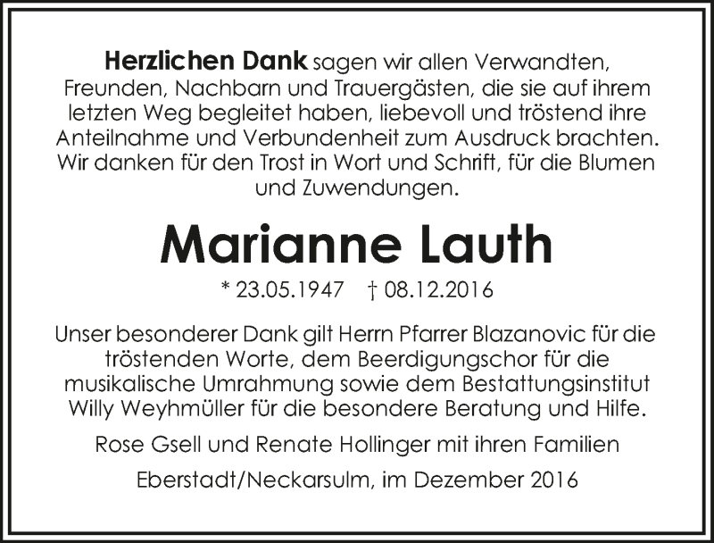  Traueranzeige für Marianne Lauth vom 21.12.2016 aus 