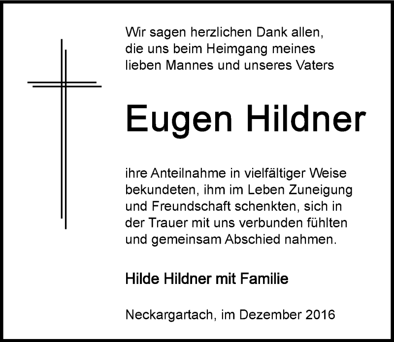  Traueranzeige für Eugen Hildner vom 14.12.2016 aus 