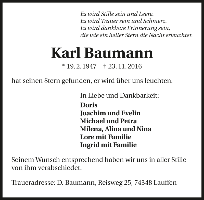  Traueranzeige für Karl Baumann vom 02.12.2016 aus 
