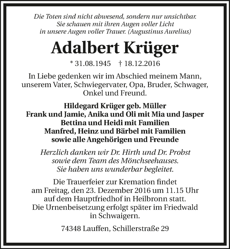  Traueranzeige für Adalbert Krüger vom 21.12.2016 aus 