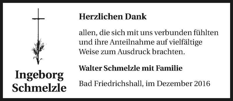  Traueranzeige für Ingeborg Schmelzle vom 17.12.2016 aus 