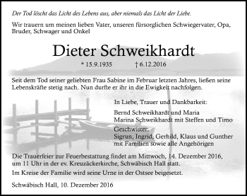 Traueranzeige von Dieter Schweikhardt 
