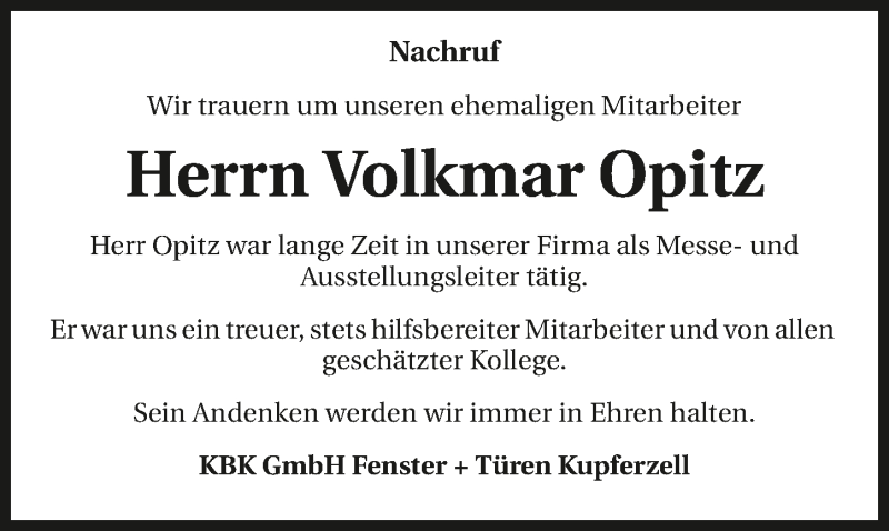  Traueranzeige für Volkmar Opitz vom 30.12.2016 aus 