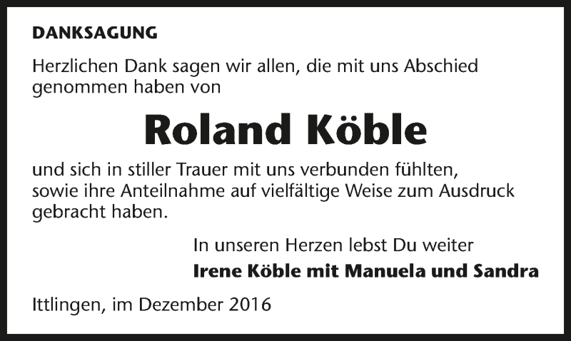  Traueranzeige für Roland Köble vom 03.12.2016 aus 