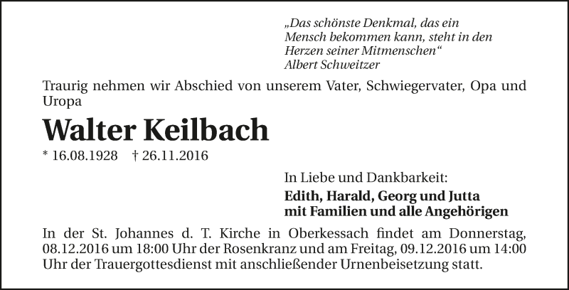  Traueranzeige für Walter Keilbach vom 03.12.2016 aus 