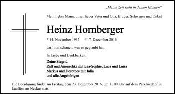 Traueranzeige von Heinz Hornberger 