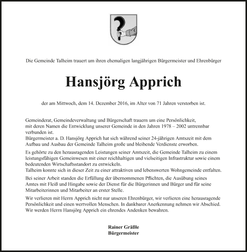  Traueranzeige für Hansjörg Apprich vom 17.12.2016 aus 