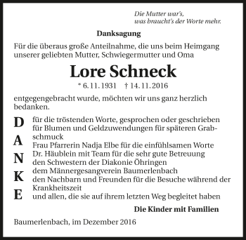 Traueranzeige von Lore Schneck 