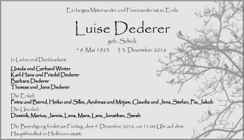Traueranzeige von Luise Dederer