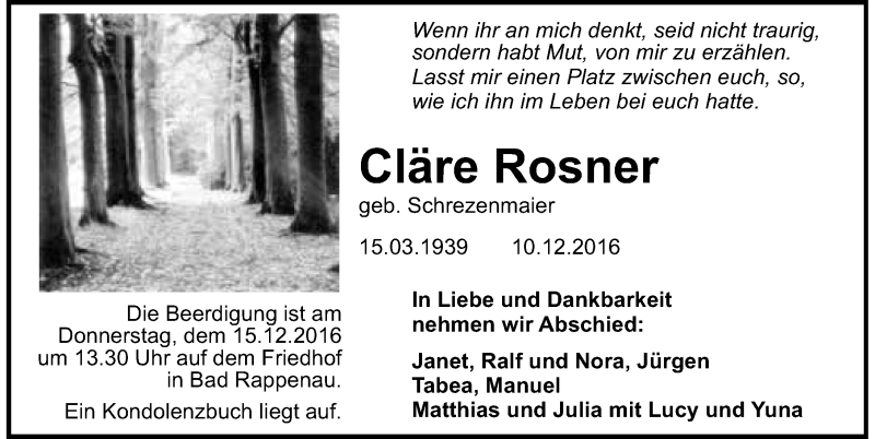  Traueranzeige für Cläre Rosner vom 13.12.2016 aus 