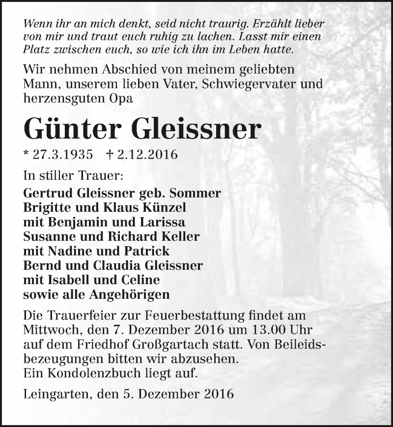  Traueranzeige für Günter Gleissner vom 05.12.2016 aus 