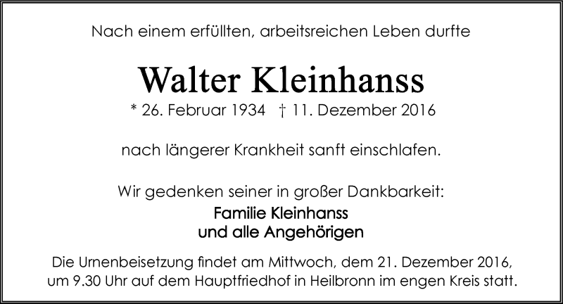  Traueranzeige für Walter Kleinhanss vom 16.12.2016 aus 