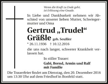 Traueranzeige von Gertrud Gräßle 