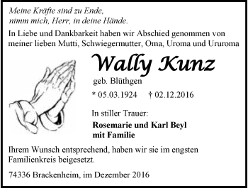 Traueranzeige von Wally Kunz 