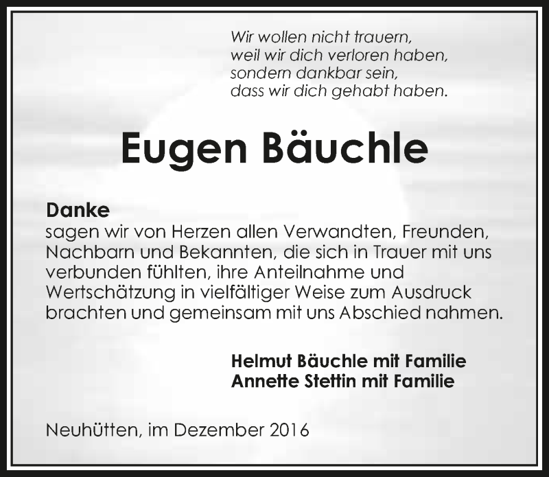  Traueranzeige für Eugen Bäuchle vom 03.12.2016 aus 