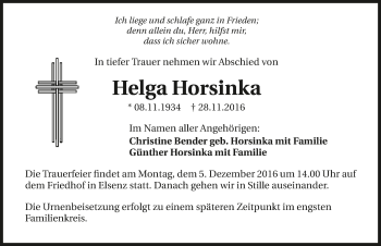 Traueranzeige von Helga Horsinka 